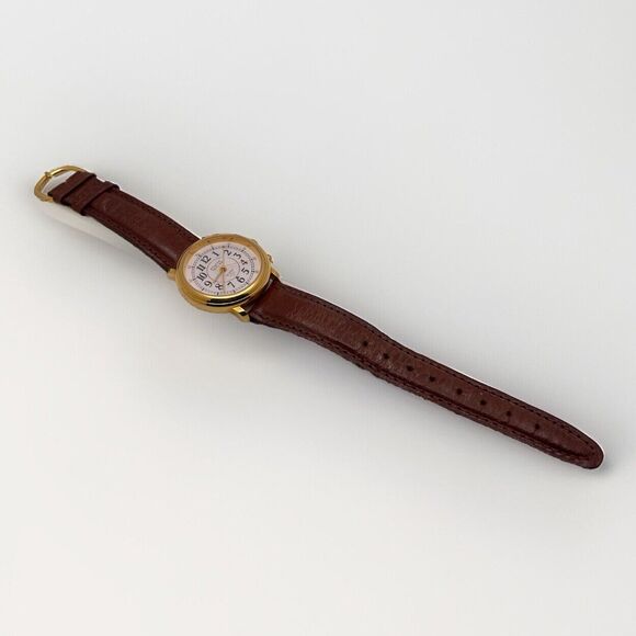 Vintage Guess Watch Women Gold Tone w Alarm White Dial Brown Leather Band 1990 - Picture 9 of 9